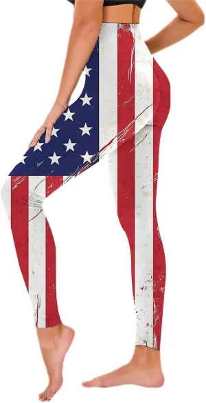 Women High Waist American Flag Leggings Funny Stripes Patriotic Tights Full-Length Workout Running Yoga Pants