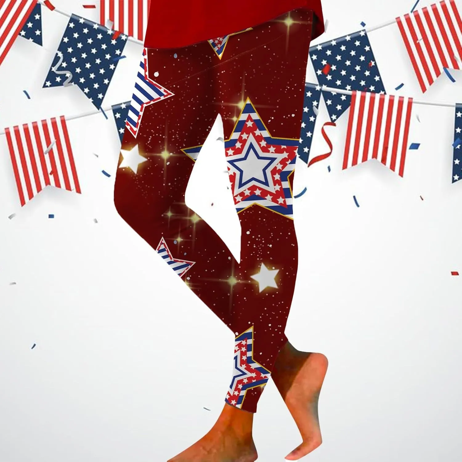 Women High Waist American Flag Leggings Funny Stripes Patriotic Tights Full-Length Workout Running Yoga Pants