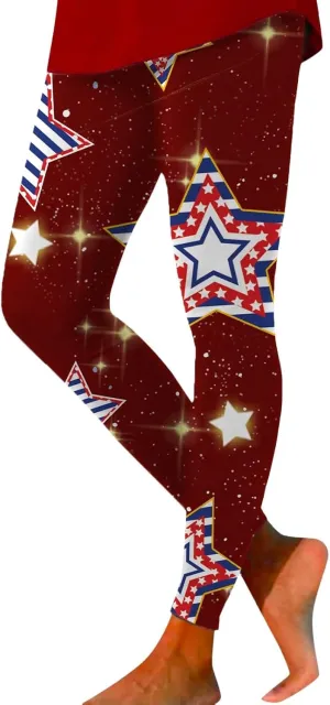 Women High Waist American Flag Leggings Funny Stripes Patriotic Tights Full-Length Workout Running Yoga Pants