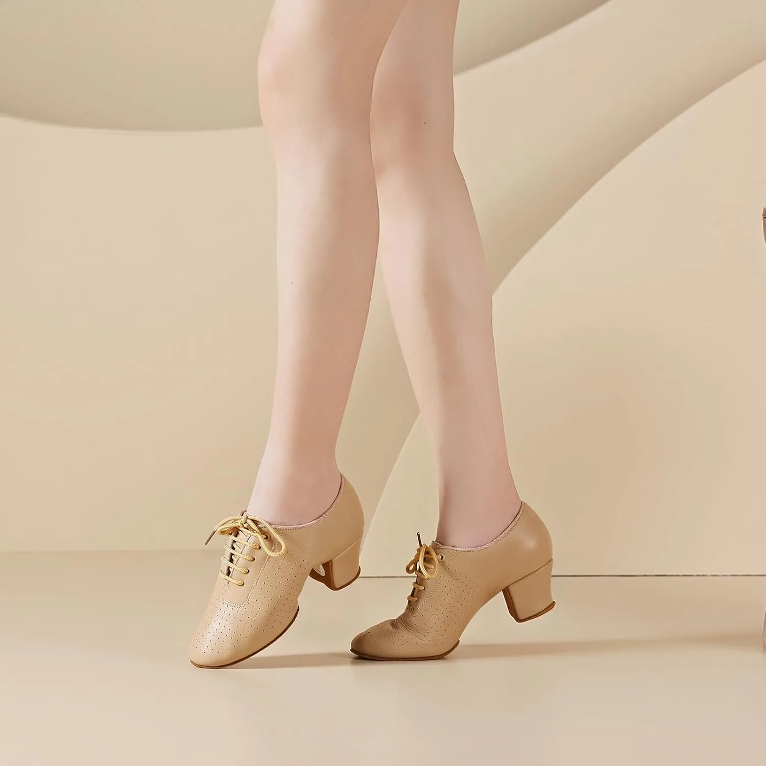 Women's Latin Dance Practice Shoes with Lace-up Closed Ballroom Professional Dance Teaching Shoes Low Heel
